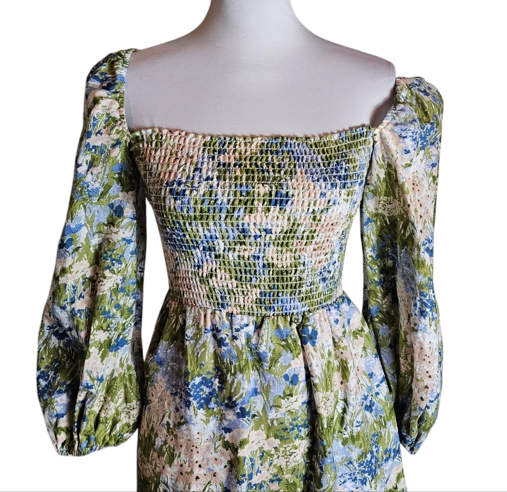 Reformation Greyson Hillside Floral Linen Mini Dress Sz S Smocked Puff Sleeves - Picture 4 of 16
